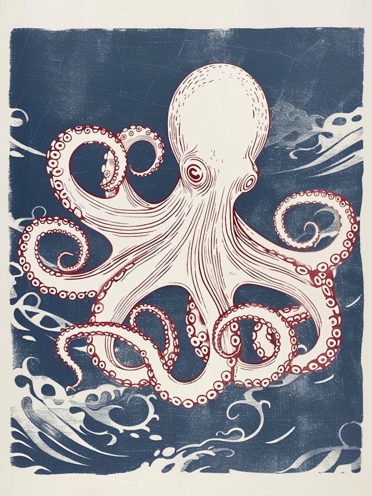Red & Navy Blue Octopus In The Ocean Linocut Inspired 6
