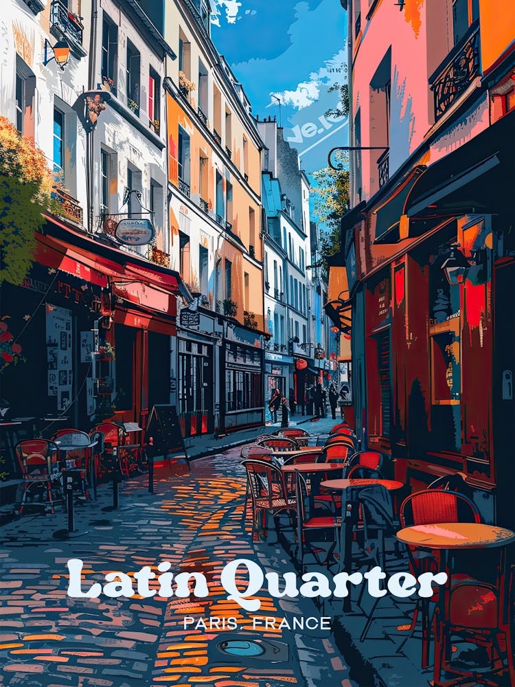 Latin Quarter Of Paris Cobblestone Street Digital Travel Illustration