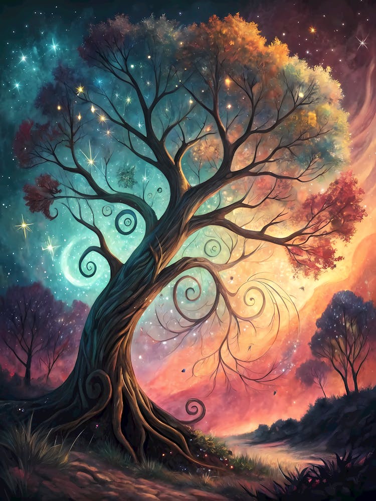 Oil Painting Style Mystical Tree with Swirling Stars Fantasy