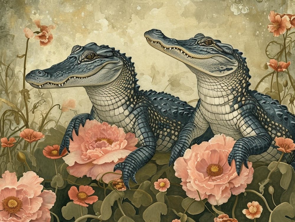 Floral Animal Illustration Alligator 1