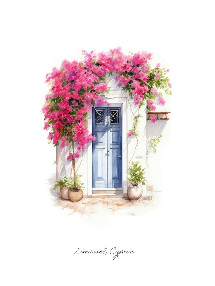 Limassol, Cyprus   Mediterranean Doors Watercolour Painting 1 Poster