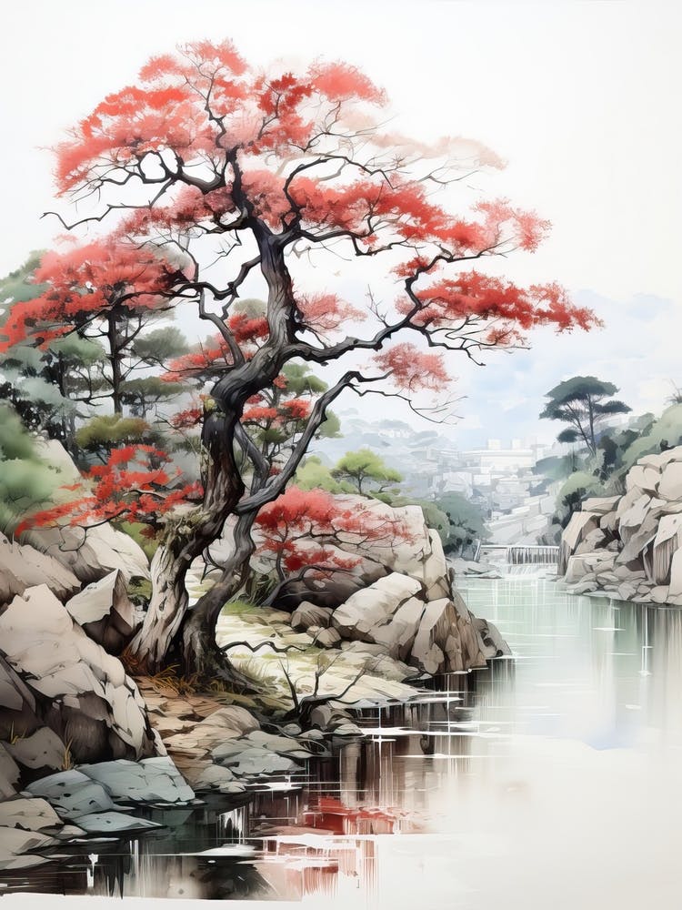 Rikugien Garden In Tokyo, Japanese Brush Painting, Ukiyo E, Minimal 1