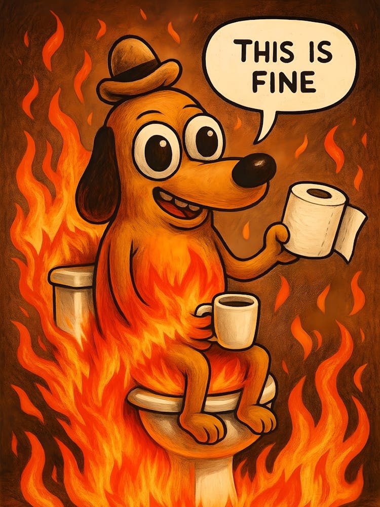 This Is Fine Toilet Meme: "This is fine"... even in the bathroom. This vintage cartoon-style meme artwork places the iconic dog in a toilet setting, surrounded by fire, coffee, and chaos. Full of poop jokes and trending humor, it's a hilarious restroom ar