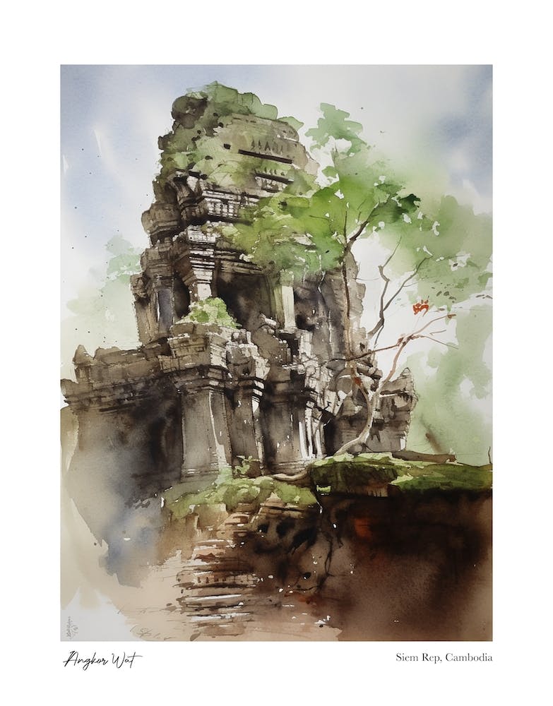 Angkor Wat Cambodia 4 Watercolour Travel Poster