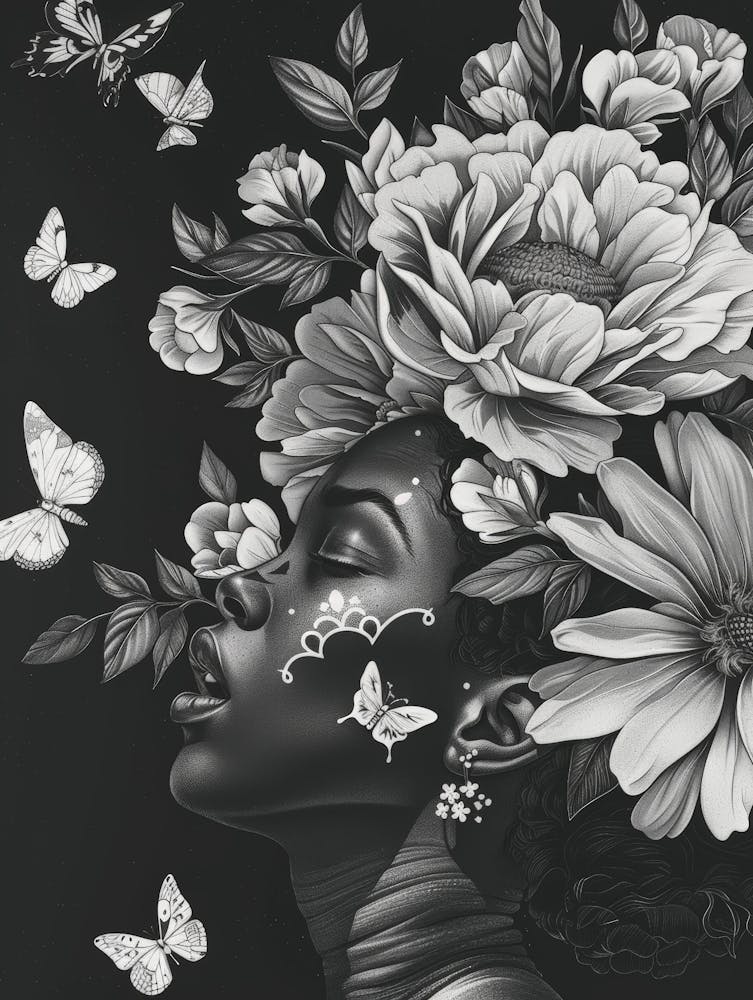 Black Woman With Flowers And Butterflies