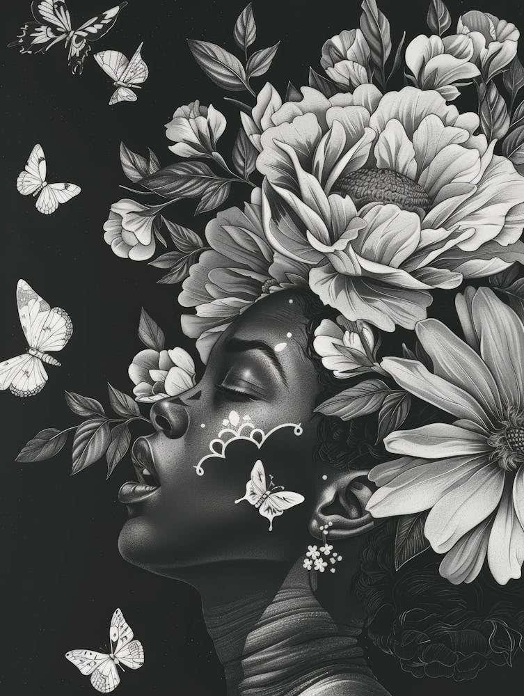 Black Woman With Flowers And Butterflies