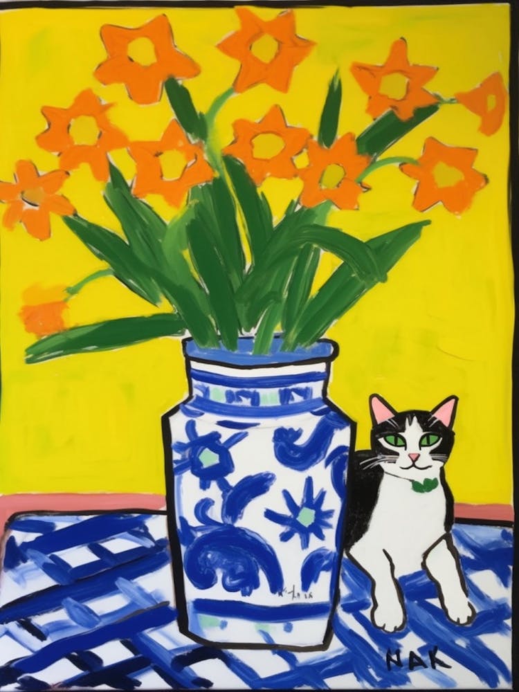 Ein Gemälde eines Stilllebens mit Narzissen und einer Katze Im Stil von Matisse 1