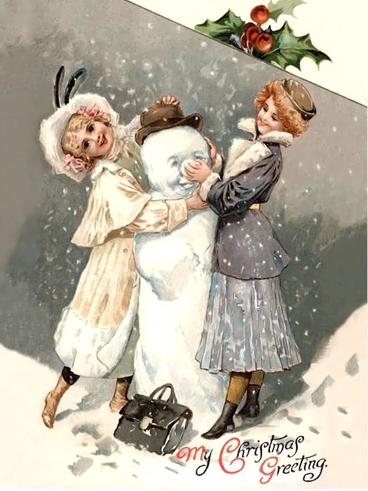 Two Ladies Posing With Snowman, Victorian Holiday Poster