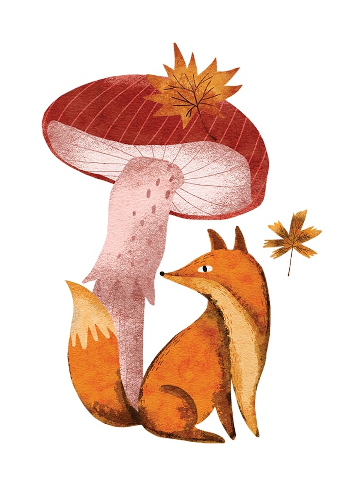 Watercolor Fox And Mushroom