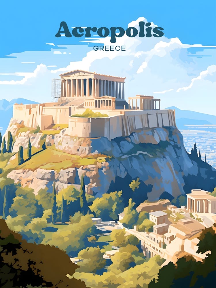 Acropolis Greece Temple Modern Travel Illustration
