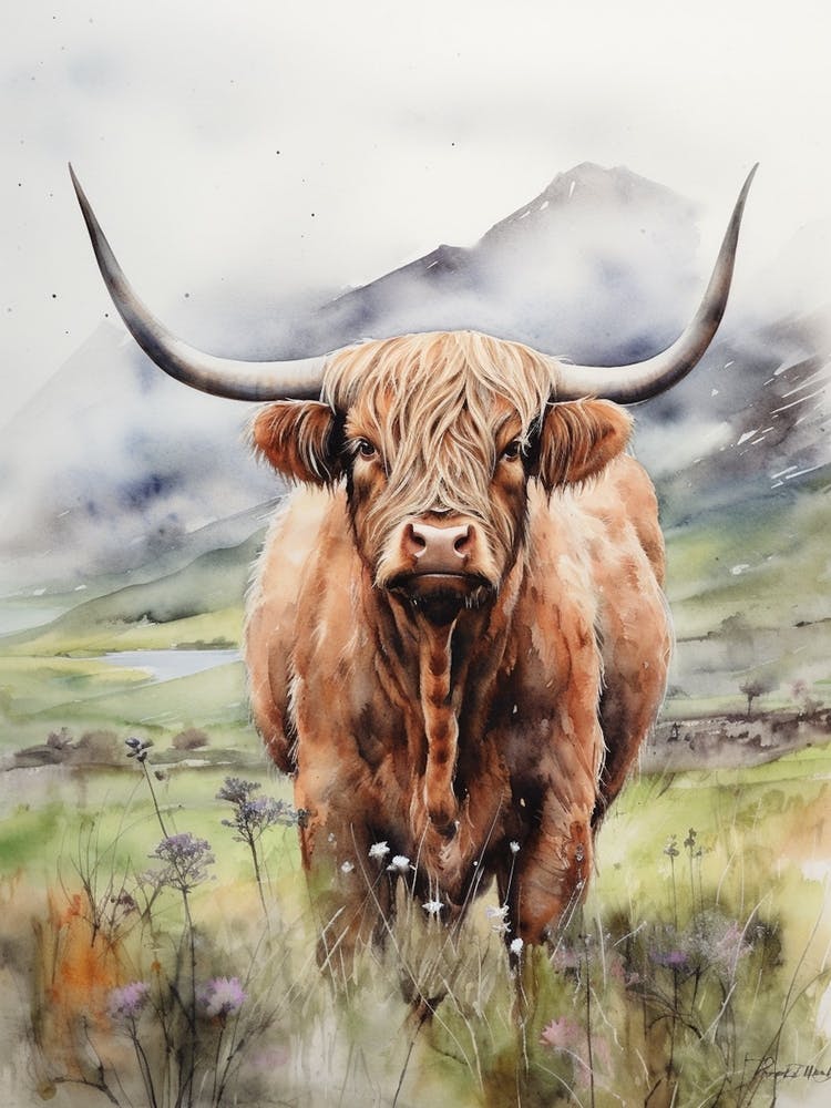 Portrait Aquarelle D'Une Vache Highland 2