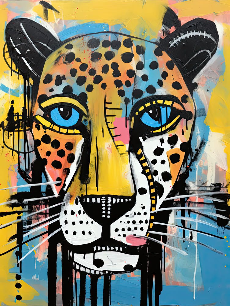 Graffiti Spots Waltz: Cheetah's Journey in Basquiat Style