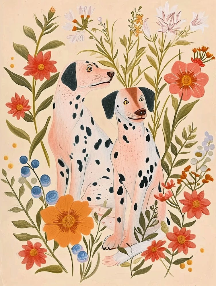 Folksy Floral Animal Drawing Dog