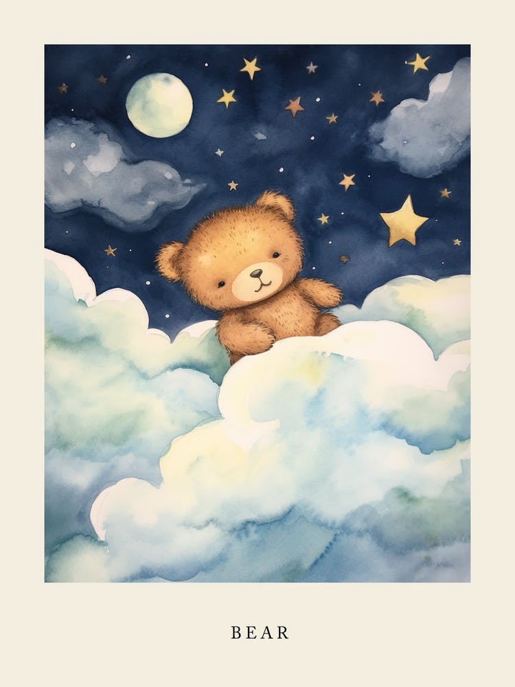 Baby Bear Cub 2 Sleeping In The Clouds Nursery Poster