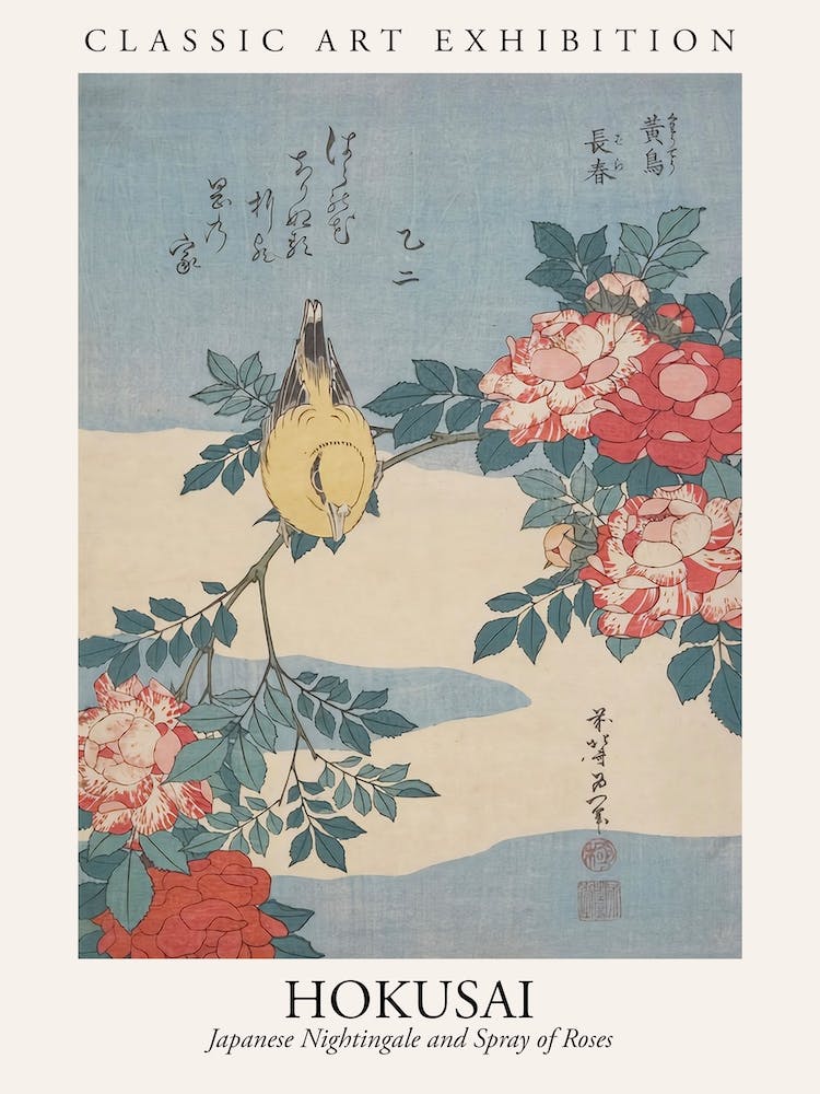 Katsushika Hokusai Japanese Nightingale And Spray Of Roses Poster