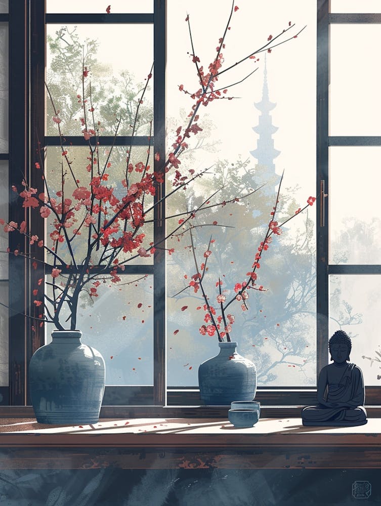 Chinese Minimalist Tea Room Background, With Plum Blossom Vases By The Back Window And A Buddha Statue Outside The Window 1