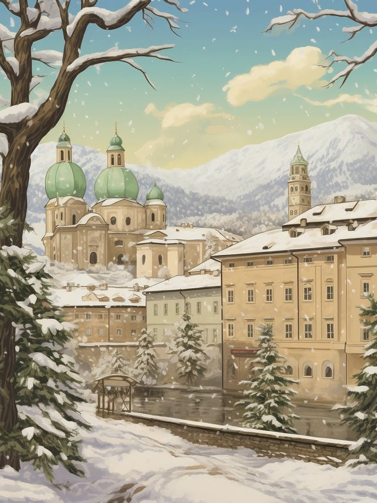 Vintage Winter Illustration Salzburg Austria 1