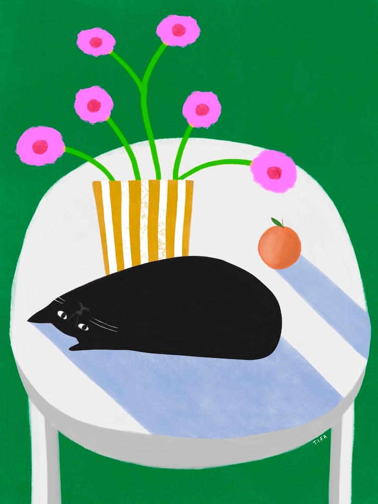 Black Cat And Pink Flowers