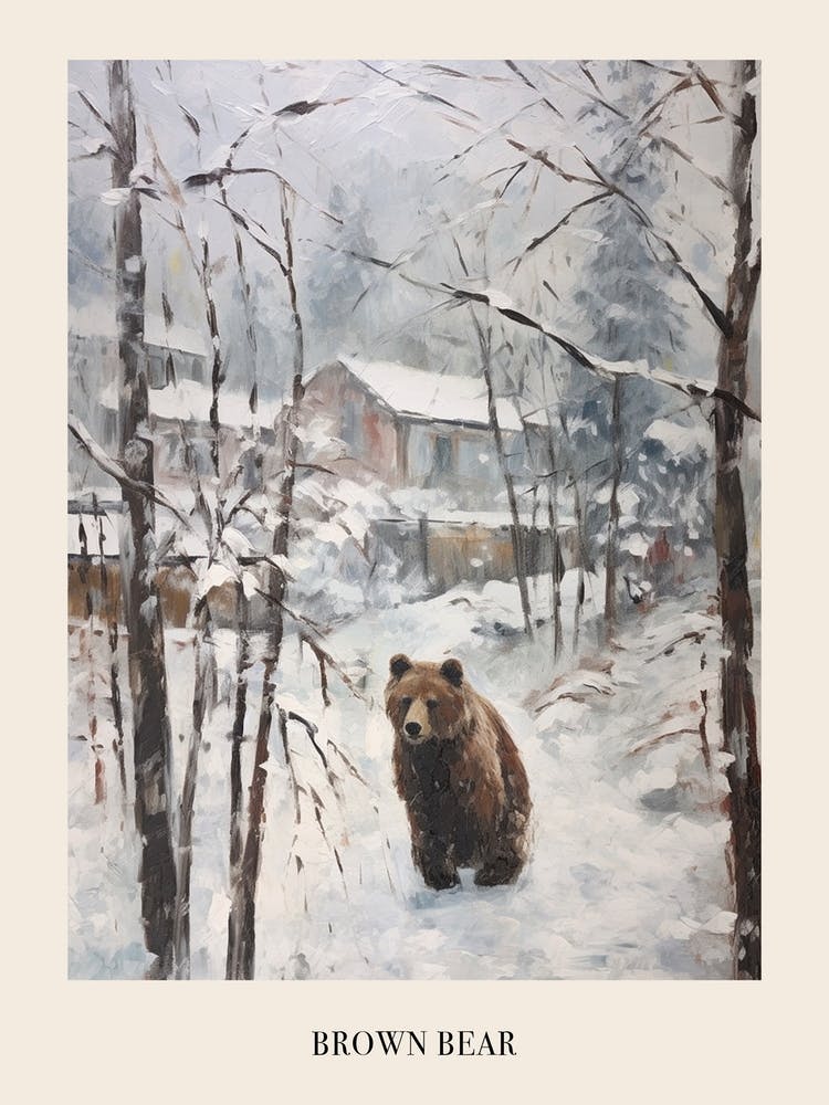 Vintage Winter Animal Painting Poster Brown Bear 1