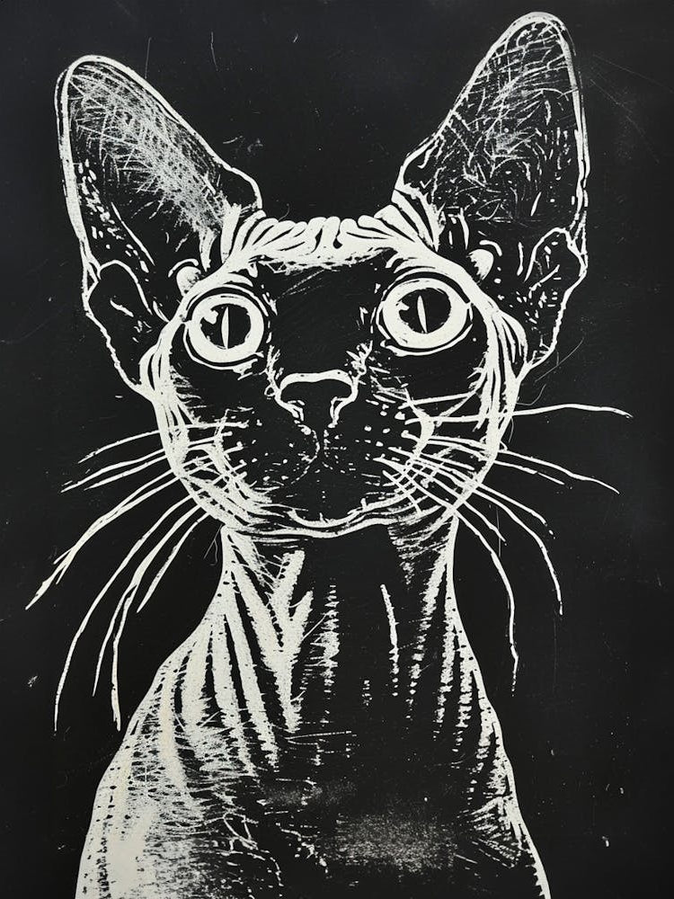 Cornish Rex Cat Linocut Blockprint 2