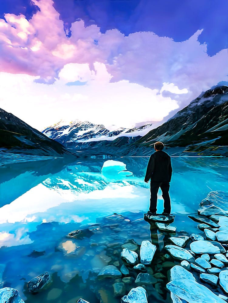 Mt Cook vom See mit Eisberg, Neuseeland