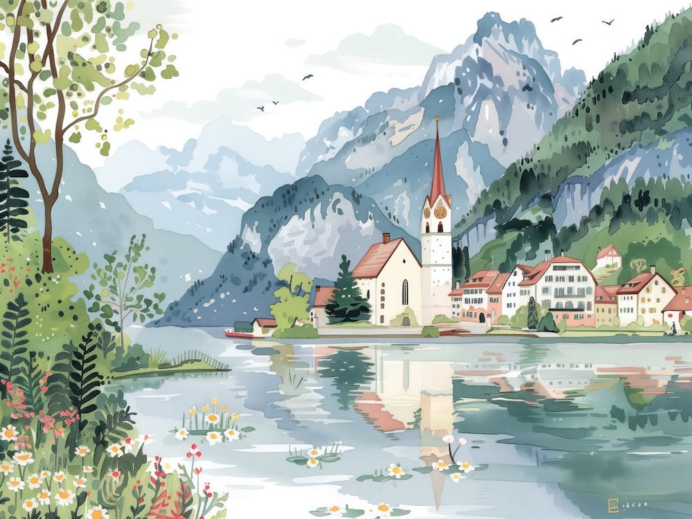 Swiss Alps Lake Landscape Watercolour