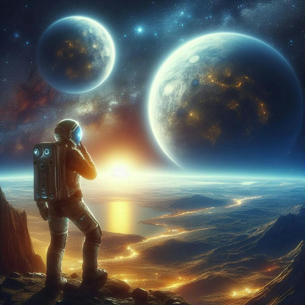 Weltraum-Mann, der Planeten betrachtet