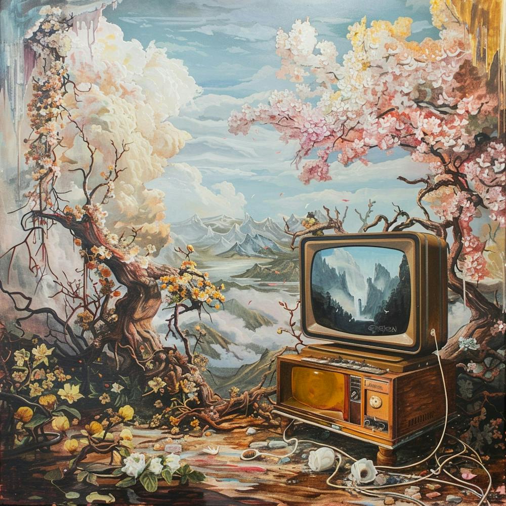 Tv Set an Blossoming Cherry Trees