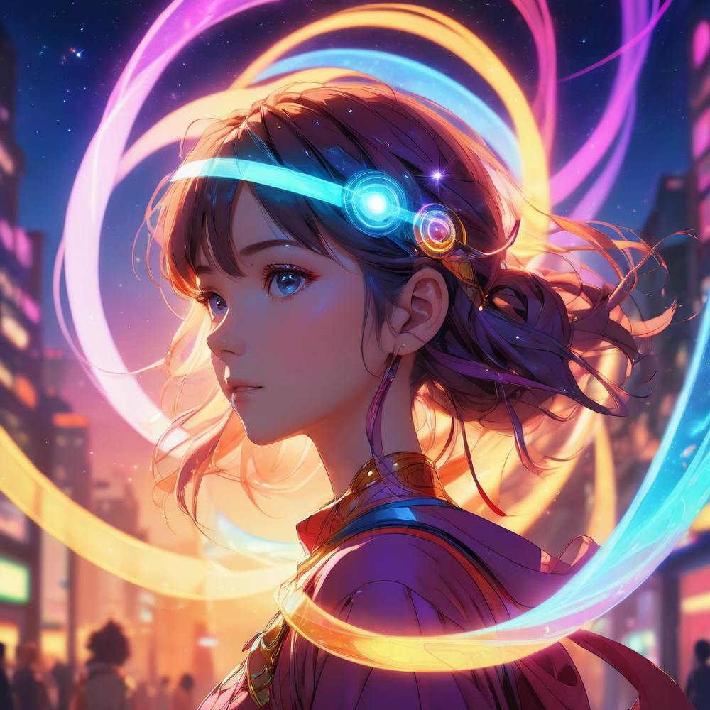 A (((girl))) 👩representing the intertwining of the physical and spiritual realms, with elements of the (((moebius strip concept))) like colors swirling🍃 around her✨ 1
