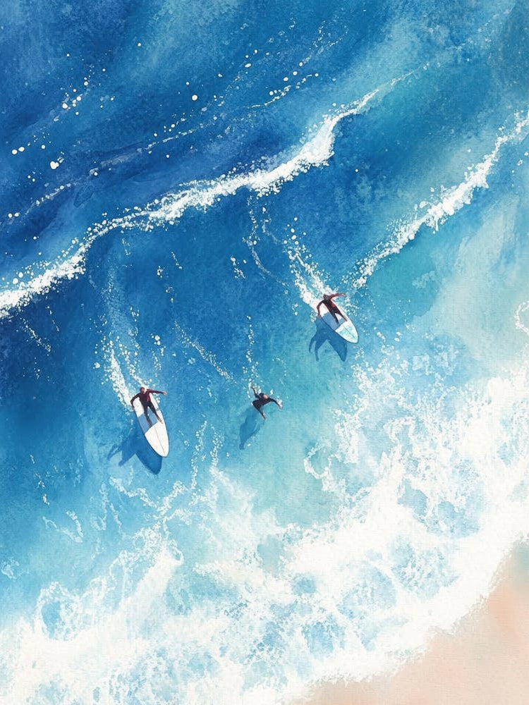 Abstract Aerial View Watercolour Painting Of Surfers In The Sea