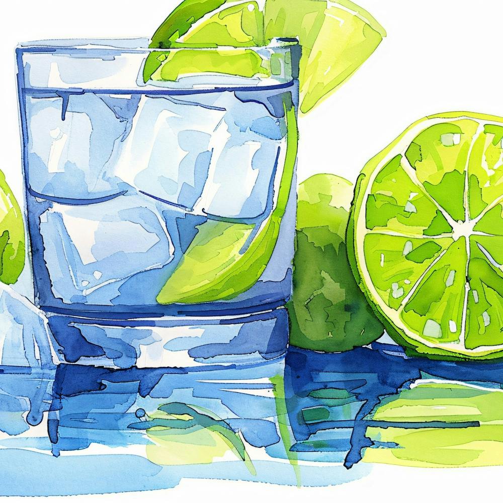 Watercolor Illustration Of A Glass Of Water And Limes
