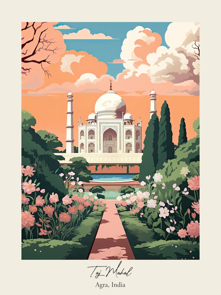 Taj Mahal Agra, India Illustration botanique mignonne de voyage 2 Affiche