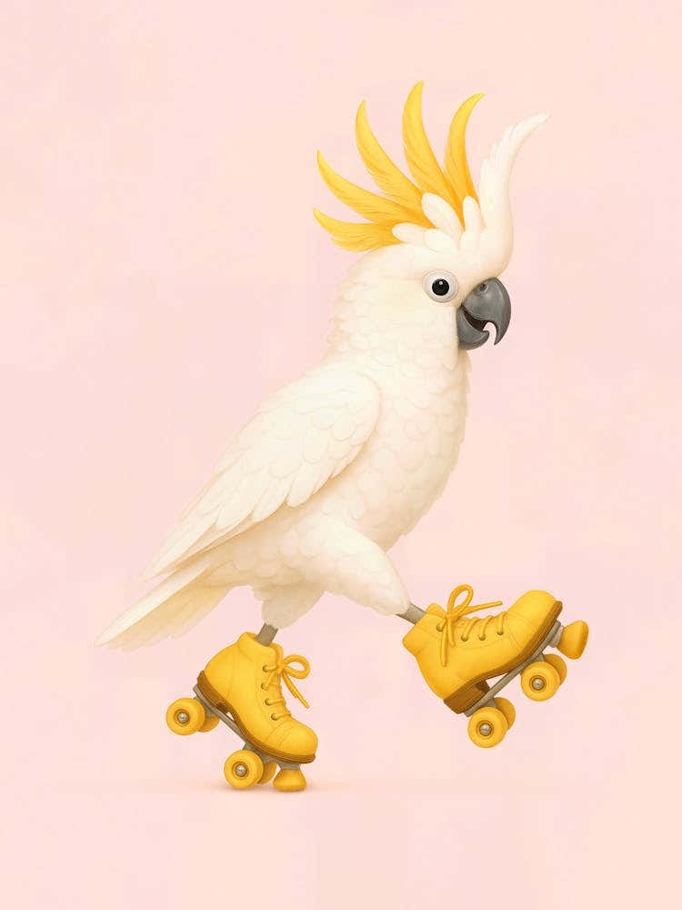 Yellow Cockatoo on Skates – Happy Tropical Bird Poster: A cheerful yellow cockatoo shows off its skater skills in this funny pastel illustration. This exotic parrot brings humor and happiness to any nursery or child’s room – perfect for fans of cute anima
