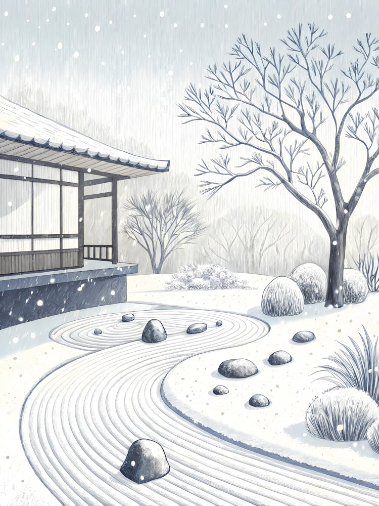 Minimalist Ink Sketch Of A Gentle Snowfall Over