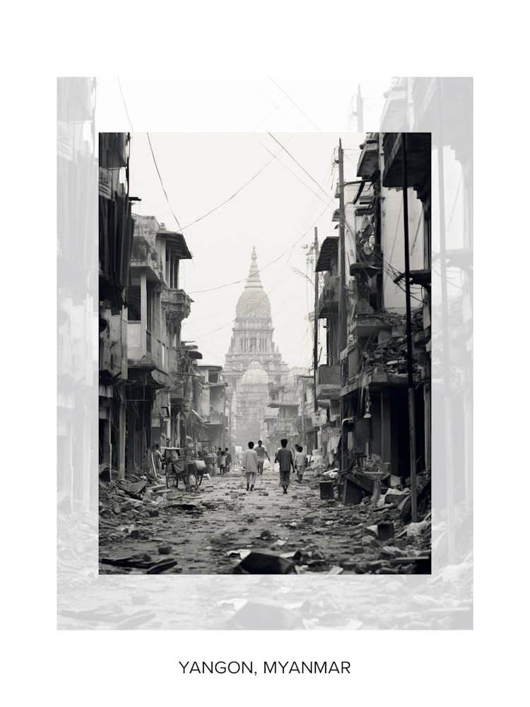 Poster Of Yangon, Myanmar, Black And White Old Photo 1