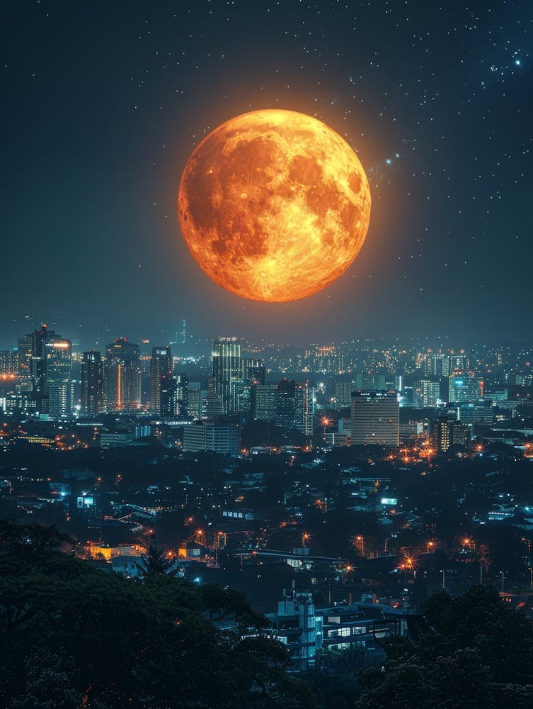 Full Moon Over City At Night
