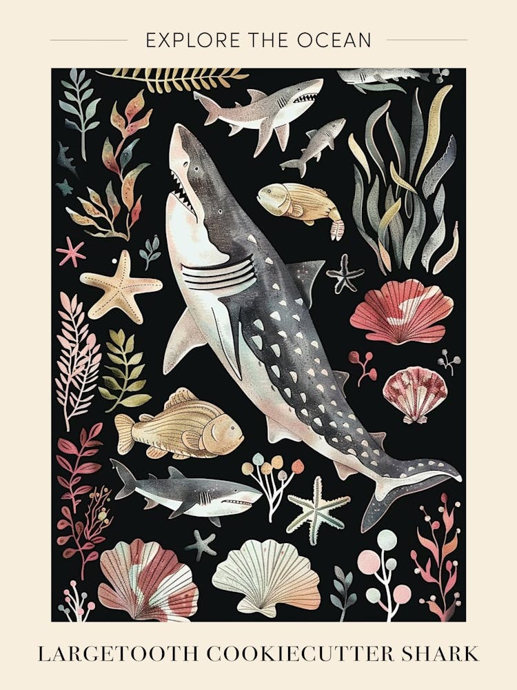 Largetooth Cookiecutter Shark Seascape Black Background Illustration 2 Poster