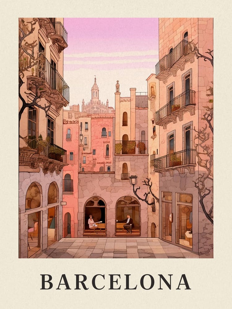 Barcelona Spain 3 Vintage Pink Travel Illustration Poster