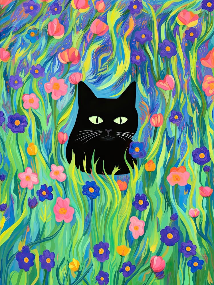 Black Cat In A Flower Field Colourful Painting