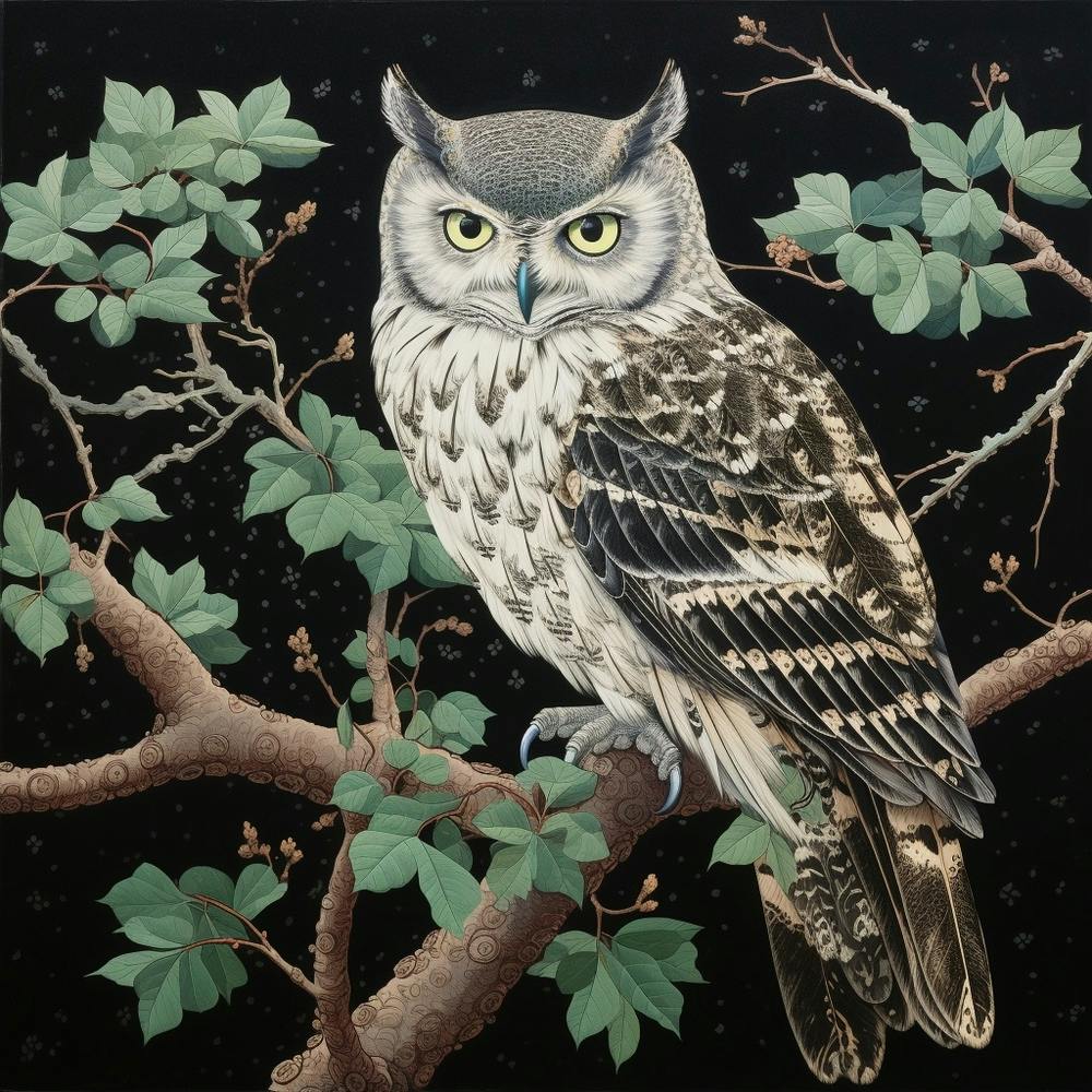 Ohara Koson Inspired Bird Painting Eastern Screech Owl 3 Square