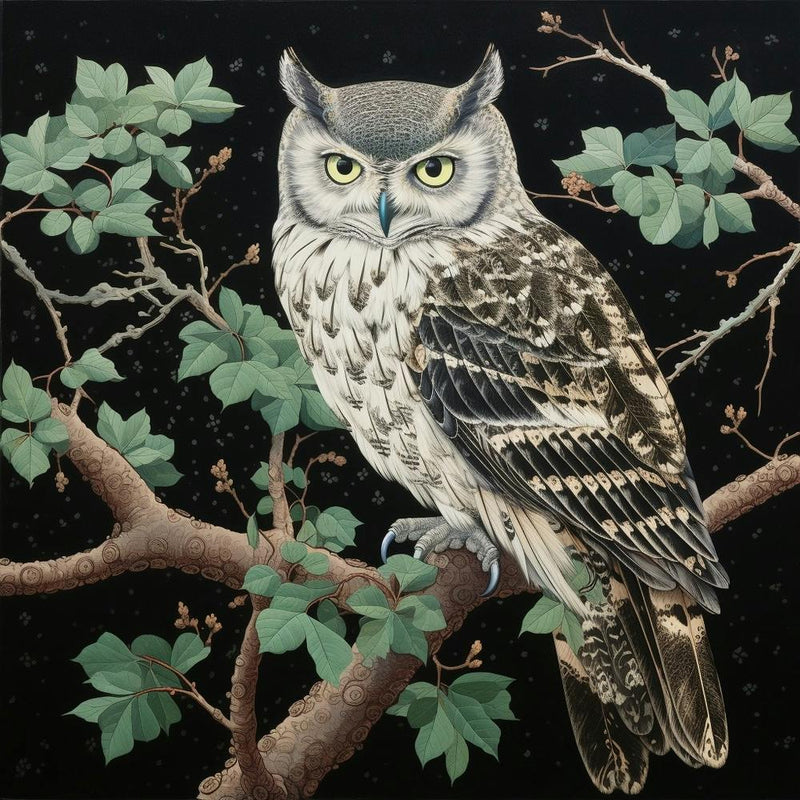 Ohara Koson Inspired Bird Painting Eastern Screech Owl 3 Square