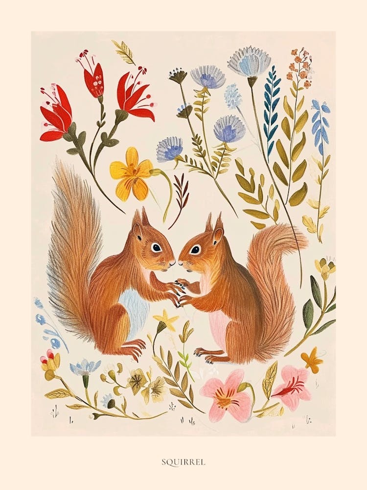 Folksy Floral Animal Drawing Squirrel 5 Poster