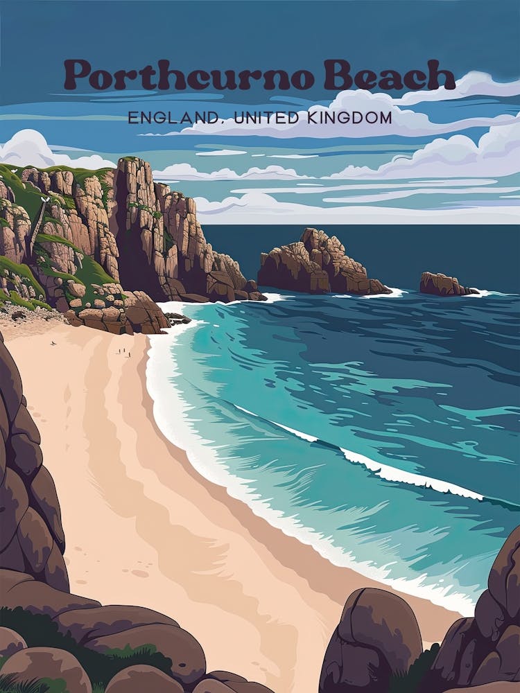 Porthcurno Beach Cornwall Vilage Travel Illustration
