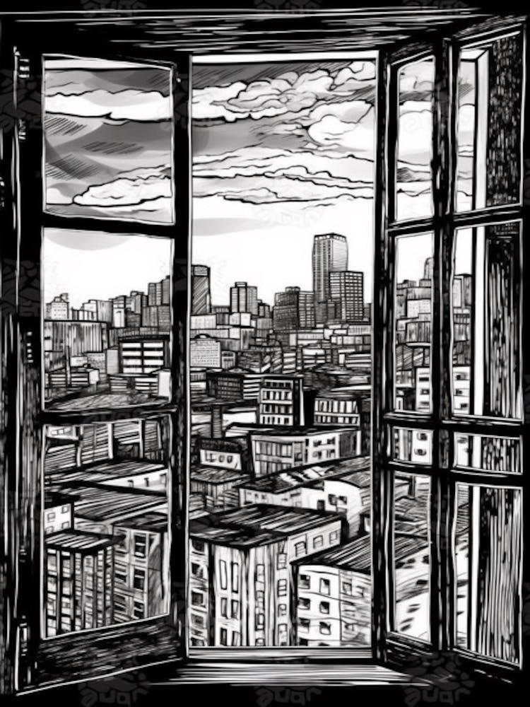 A Window View Of San Francisco In The Style Of Black And White  Line Art 1