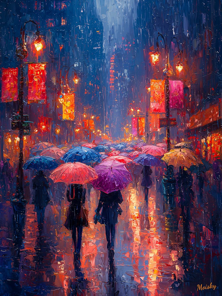 Rainy Night In New York City, Impressionist Oil Painting – Inspired by Monet
