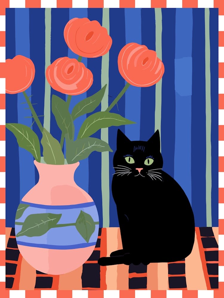 Illustration Chat Noir Avec Un Vase De Roses
