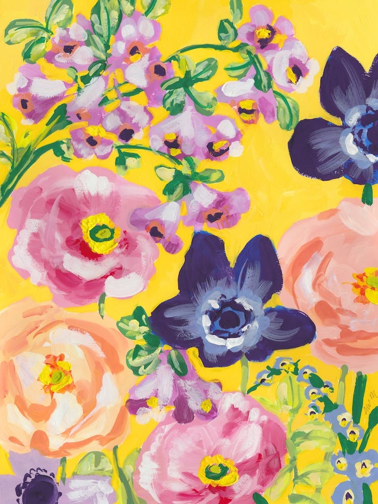 Navy Anemones On Yellow