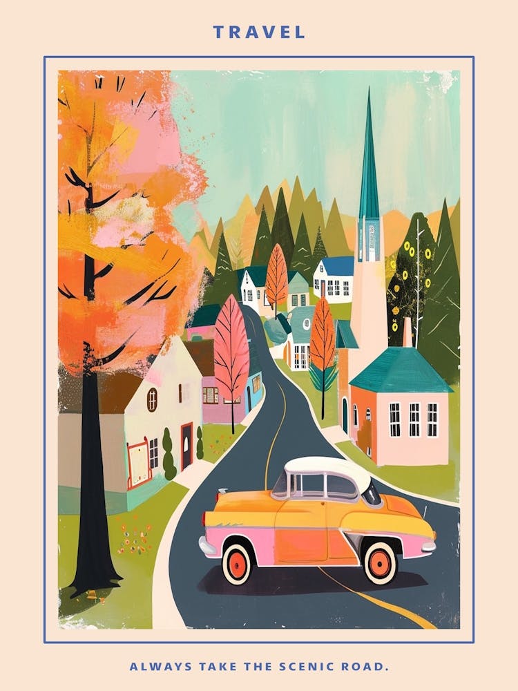 Kitsch Retro Town Illustration 3 Poster