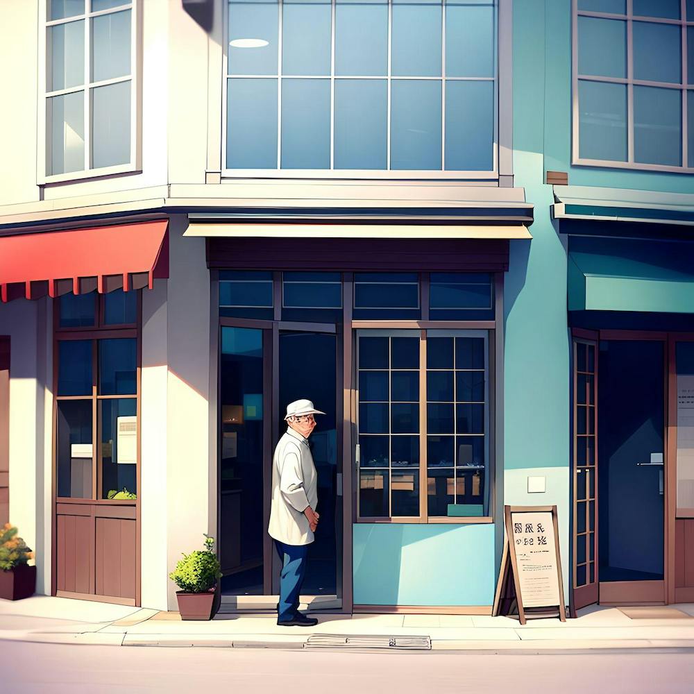 Old man at a Restaurant Door
