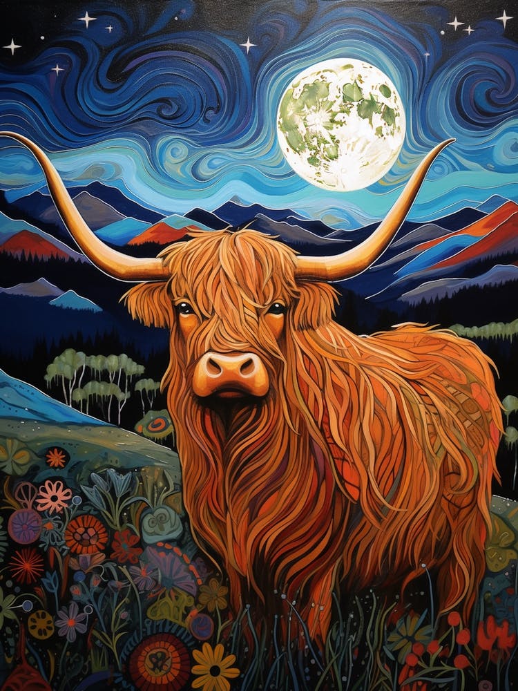 Highland-Kuh mit Wellenlinie bei Nacht Illustration 2